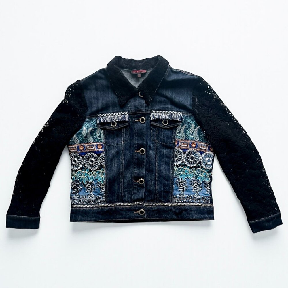Mischa Embroidered Denim Jacket Lace Sleeves Women's Size XL
